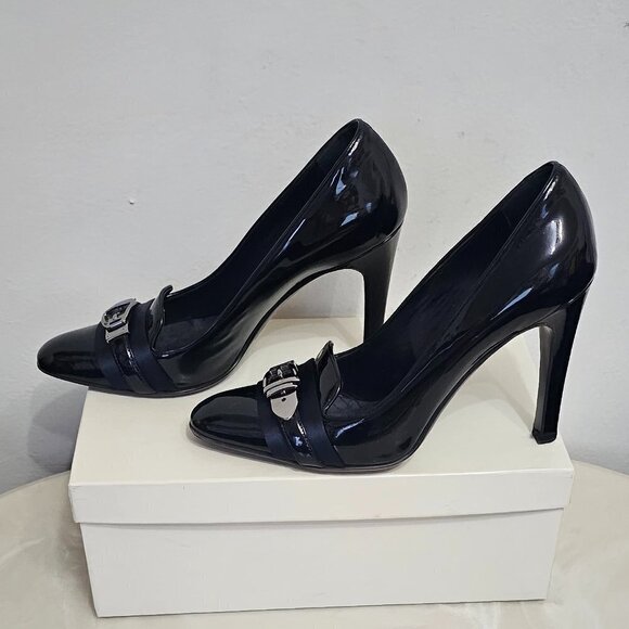Pre-Owned GUCCI Womens Black Polished Leather Pump Heels Size 7B - Picture 2 of 11